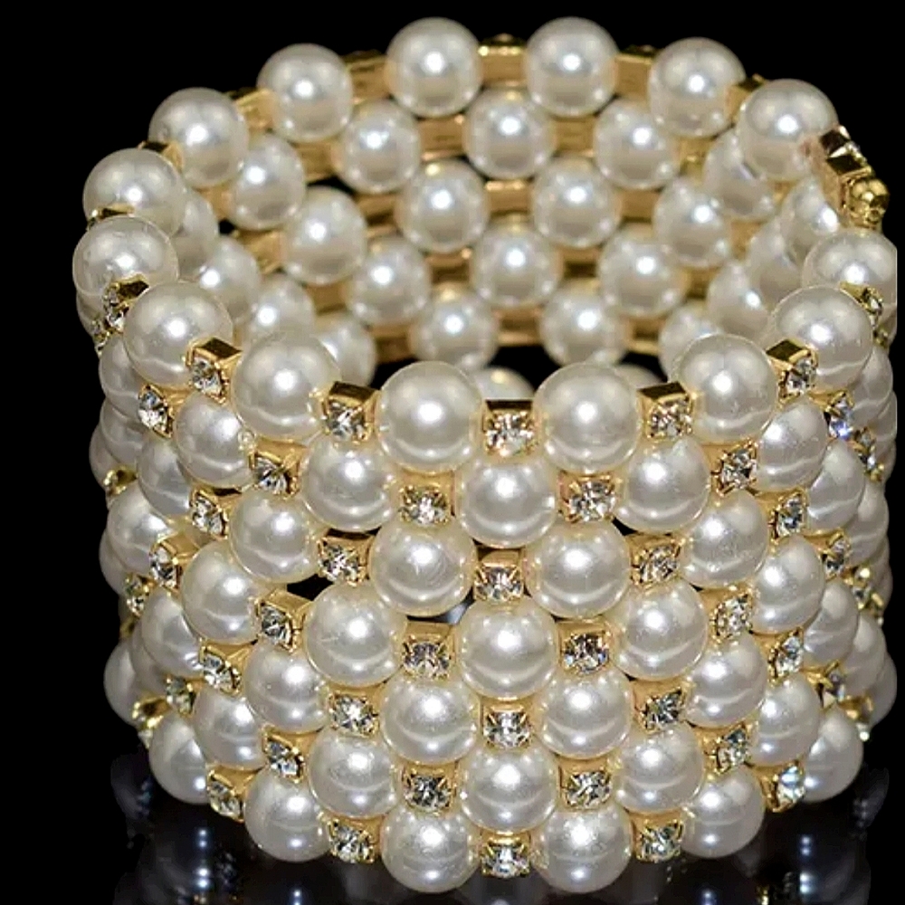 Gorgeous Finely Crafted Multi Strand Faux Pearl Bracelet With Rhinestones